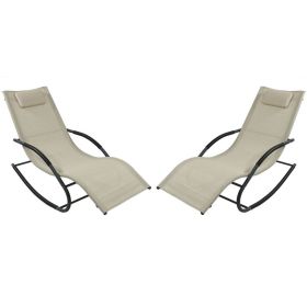 Set of 2 Beige Rocking Chaise Lounger Patio Lounge Chair with Pillow