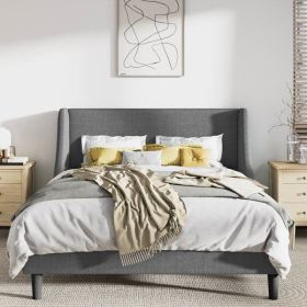 Queen Size Grey Linen Blend Upholstered Platform Bed with Wingback Headboard