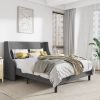 Queen Size Grey Linen Blend Upholstered Platform Bed with Wingback Headboard