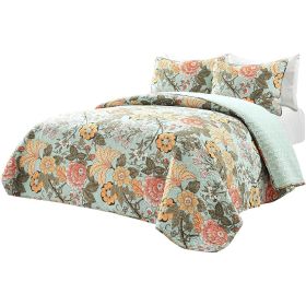 King size 3 Piece FarmHouse Teal Floral Cotton Reversible Quilt Set