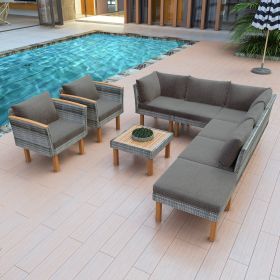 GO 9-Piece Patio Rattan Furniture Set, Outdoor Conversation Set With Acacia Wood Legs and Tabletop, PE Rattan Sectional Sofa Set with Coffee Table