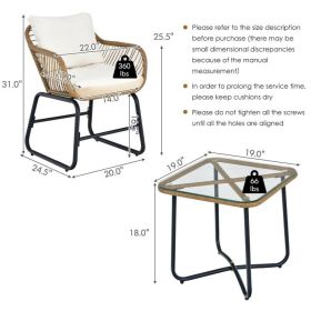3-Piece Patio Bistro Set with 2 Rattan Chairs and Square Glass Coffee Table