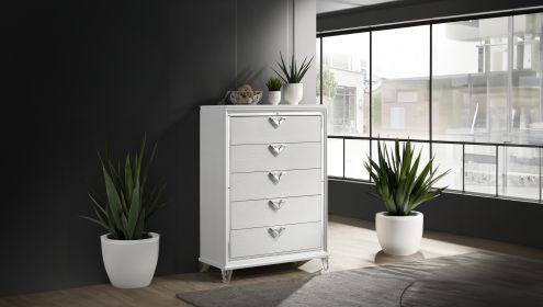 Prism Modern Style 5-Drawer Chest with Mirror Accents & V-Shape Handles in White