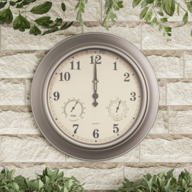 Villacera Indoor Outdoor Wall Clock Thermometer Hygrometer Â– 18Â' Silver