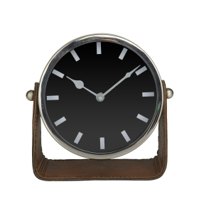 DecMode Stainless Steel Modern Round Decorative Desk Clock 7"W x 7"H, with Metallic Silver and Leathery Brown Stand