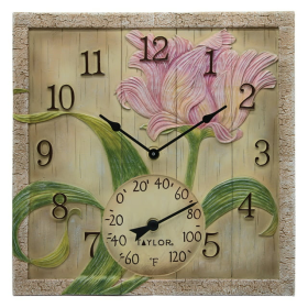 Taylor 14-inch x 14-inch Beechwood Flower Clock with Thermometer