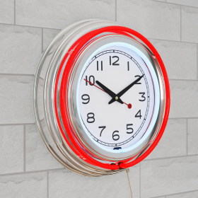 Retro Neon Wall Clock - Battery Operated Wall Clock Vintage Bar Garage Kitchen Game Room ? 14 Inch Round Analog by Lavish Home (Red and White)