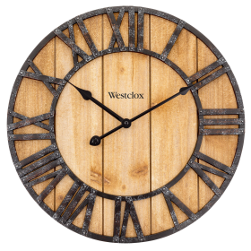 Westclox 16" Natural Wood Grain with Raised Roman Numerals & Iron Finish Analog QA Wall Clock