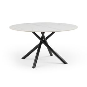 53.15" Modern Round Dining Table White Sintered Stone Tabletop with 4pcs Metal Cross Legs