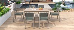 Outdoor Dining Set Patio Dining table and Chairs with Rattan Backrest and Removable Cushions for Patio and Backyard, White Washed