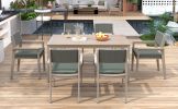Outdoor Dining Set Patio Dining table and Chairs with Rattan Backrest and Removable Cushions for Patio and Backyard, White Washed