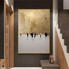 100% Hand Painted Abstract Oil Painting Wall Art Figure Picture Gold Foil Minimalist Modern On Canvas Decor For Living Room No Frame (size: 75x150cm)