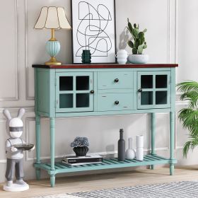 Sideboard Console Table with Bottom Shelf, Farmhouse Wood/Glass Buffet Storage Cabinet Living Room (Color: Antique Blue)