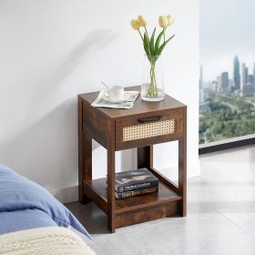15.75" Rattan End table with drawer, Modern nightstand, side table for living roon, bedroom (Color: Rustic Brown)