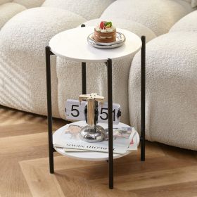 2-layer End Table with Tempered Glass and Marble Tabletop;  Round Coffee Table with  Metal Frame for Bedroom Living Room Office (Color: White+Black+ Marble)
