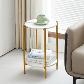 2-layer End Table with Tempered Glass and Marble Tabletop;  Round Coffee Table with  Metal Frame for Bedroom Living Room Office (Color: White+Golden+Marble)