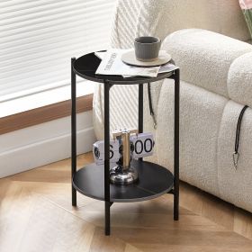 2-layer End Table with Tempered Glass and Marble Tabletop;  Round Coffee Table with  Metal Frame for Bedroom Living Room Office (Color: Black+Black+Marble)