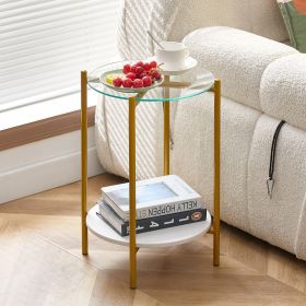 2-layer End Table with Tempered Glass and Marble Tabletop;  Round Coffee Table with  Metal Frame for Bedroom Living Room Office (Color: White+Golden+Glass)
