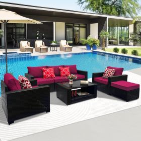 Outdoor Garden Patio Furniture 7-Piece PE Rattan Wicker Cushioned Sofa Sets and Coffee Table (Color: Red)